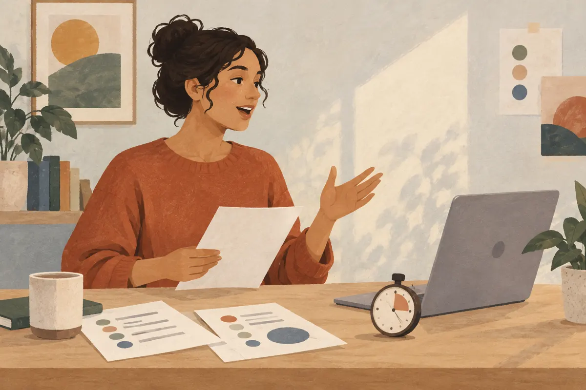 Ilustracja osoby ćwiczącej prezentację przy laptopie ze stoperem i notatkami