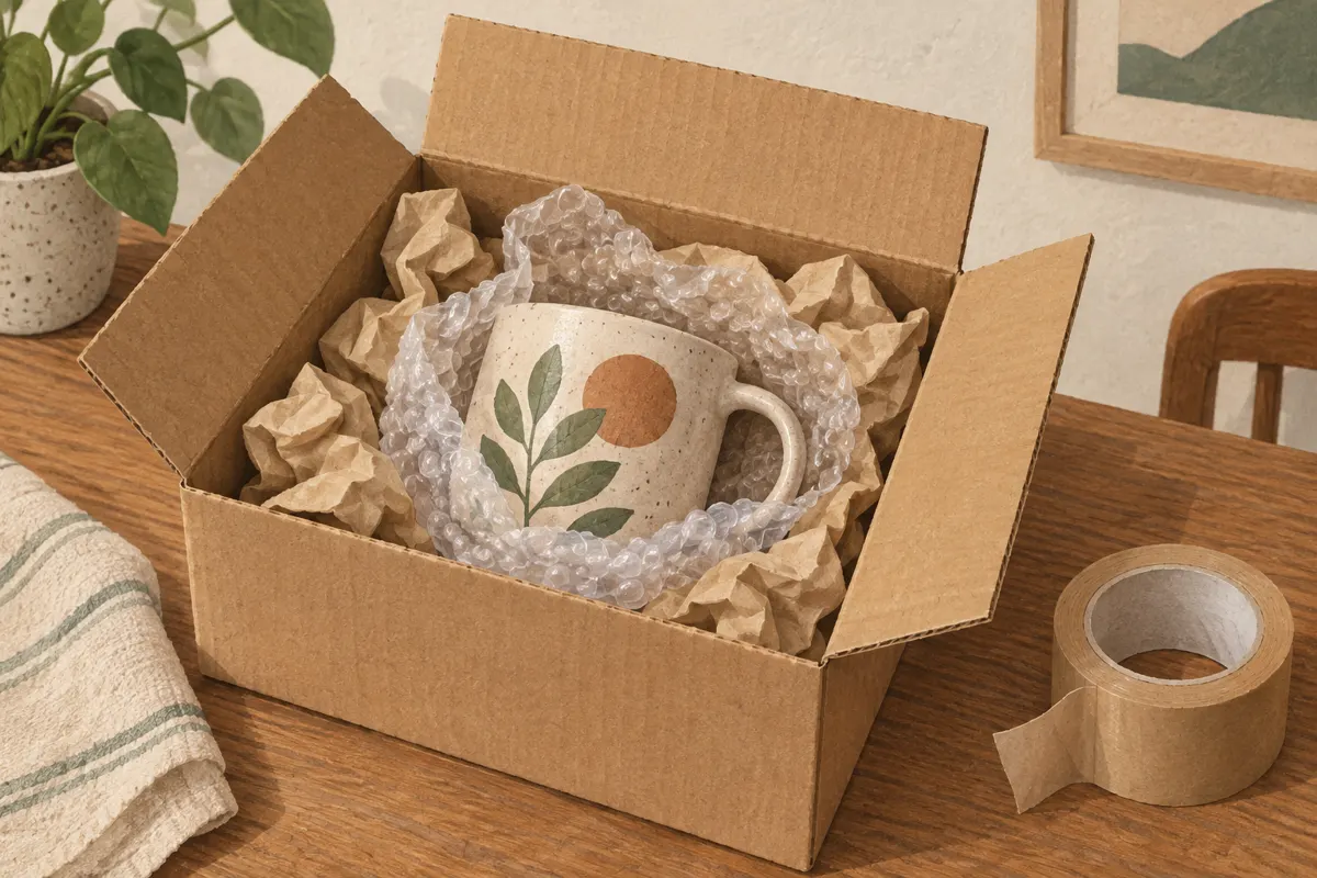 Ilustracja pakowania ceramicznego kubka w karton z folią bąbelkową i papierowym wypełnieniem
