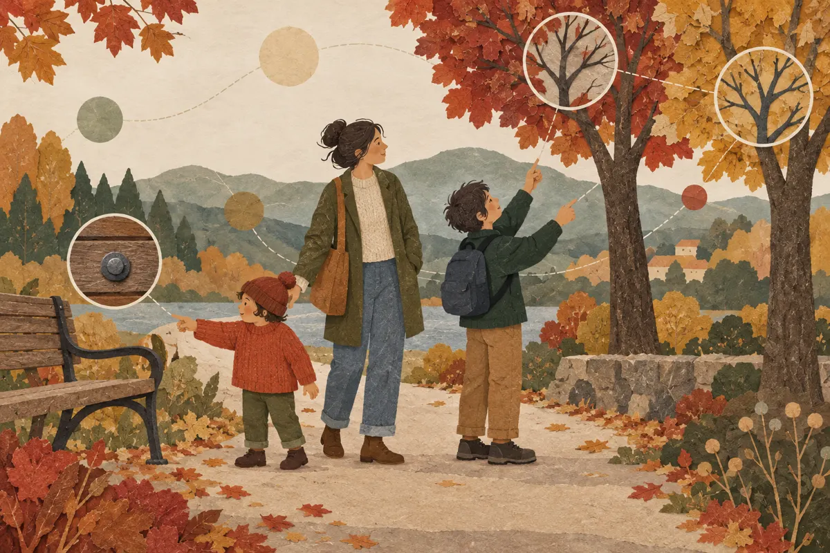 Ilustracja rodziny obserwującej kształty ławki i drzewa podczas spaceru po osiedlowej alejce.
